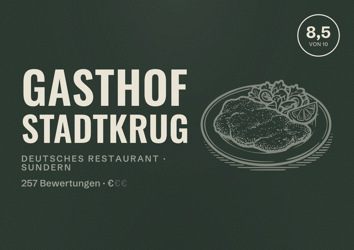 Illustriertes Poster von Gasthof Stadtkrug, Deutsches Restaurant in Sundern: Bewertung 8,5 von 10 aus 257 Bewertungen, Preisniveau €