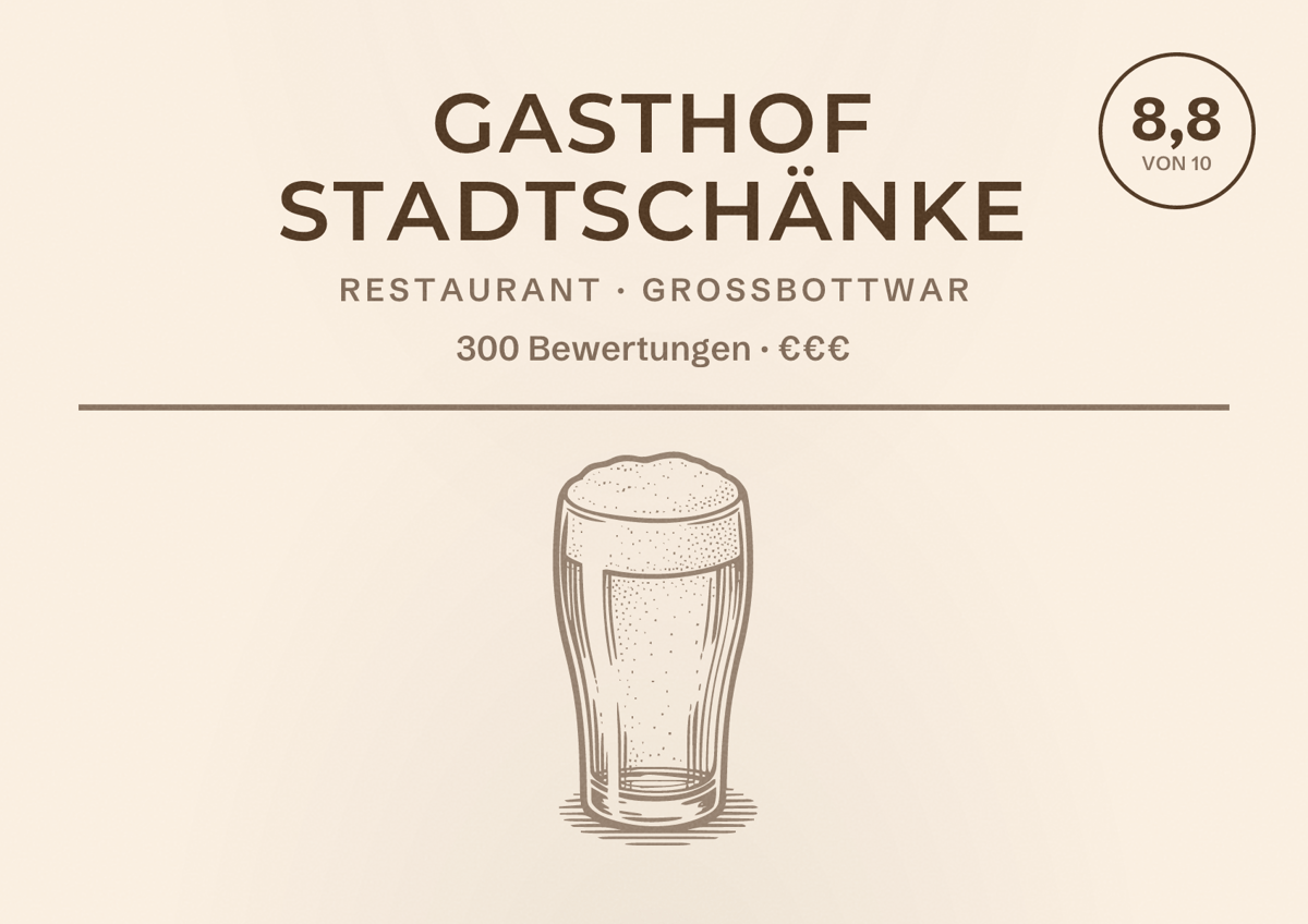 Illustriertes Poster von Gasthof Stadtschänke, Restaurant in Großbottwar: Bewertung 8,8 von 10 aus 300 Bewertungen, Preisniveau €€€