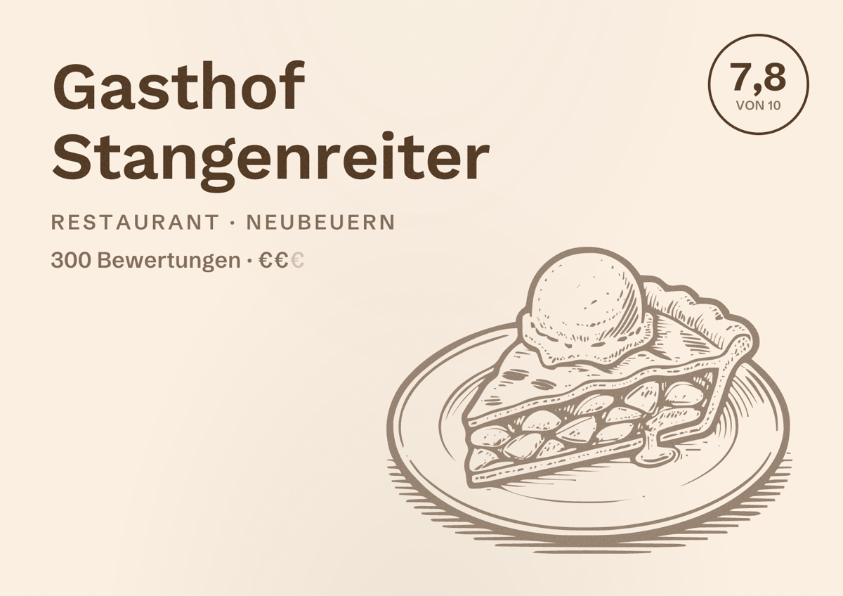 Illustriertes Poster von Gasthof Stangenreiter, Restaurant in Neubeuern: Bewertung 7,8 von 10 aus 300 Bewertungen, Preisniveau €€