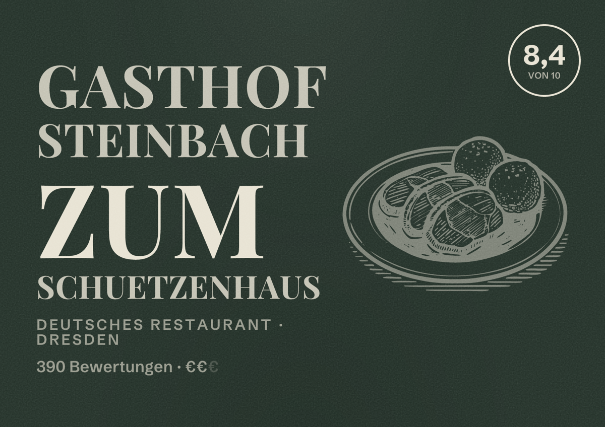 Illustriertes Poster von Gasthof Steinbach Zum Schuetzenhaus, Deutsches Restaurant in Dresden: Bewertung 8,4 von 10 aus 390 Bewertungen, Preisniveau €€