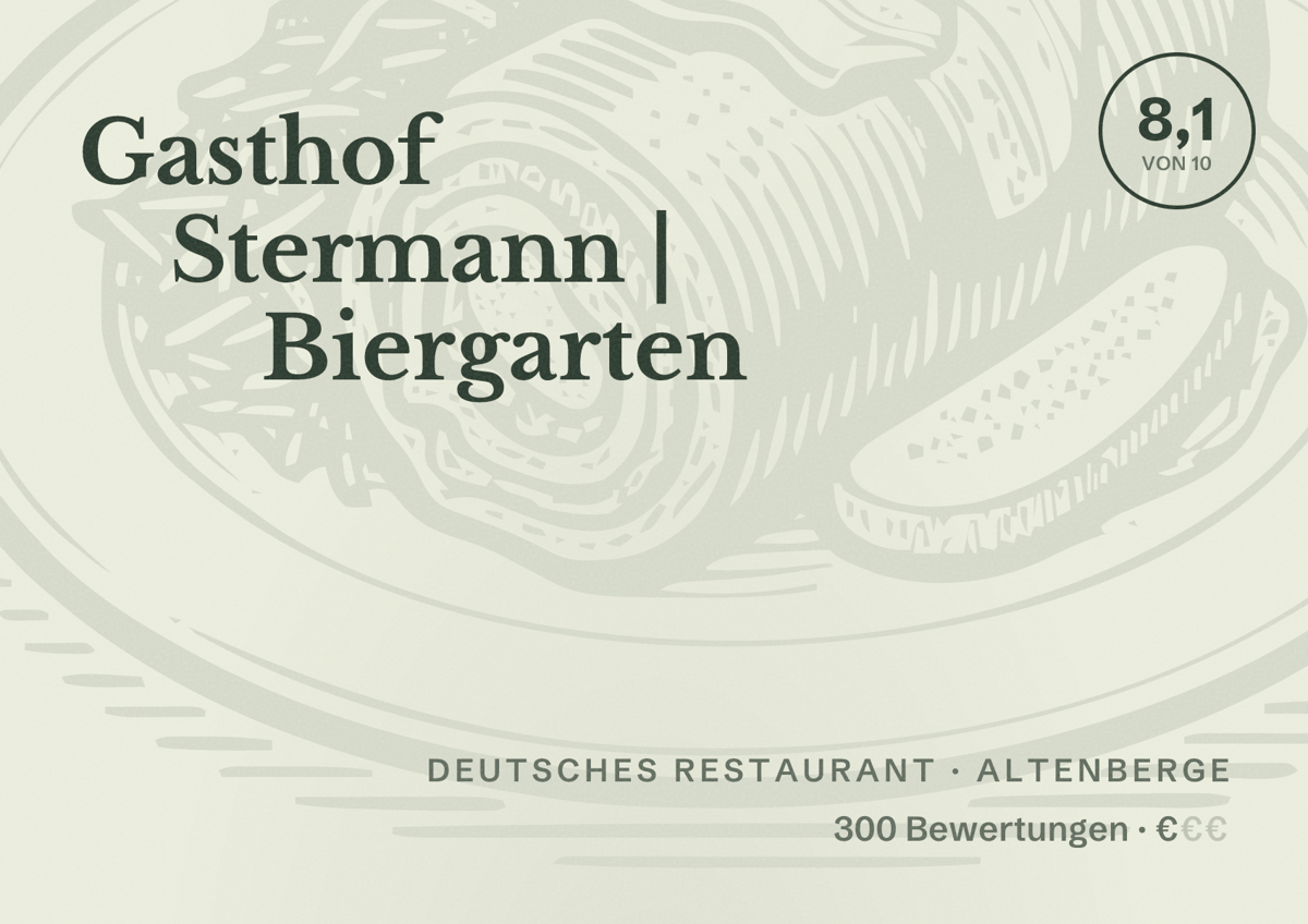 Illustriertes Poster von Gasthof Stermann | Biergarten, Deutsches Restaurant in Altenberge: Bewertung 8,1 von 10 aus 300 Bewertungen, Preisniveau €