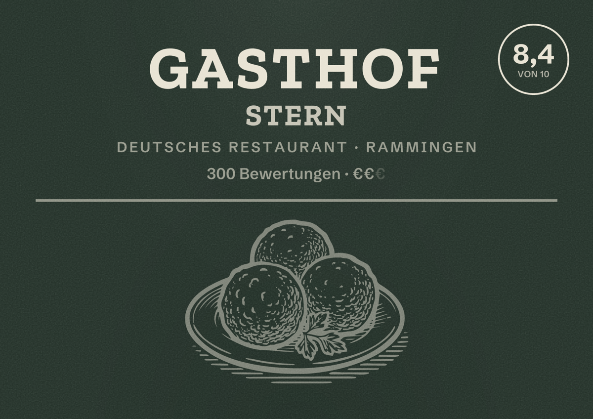 Illustriertes Poster von Gasthof Stern, Deutsches Restaurant in Rammingen: Bewertung 8,4 von 10 aus 300 Bewertungen, Preisniveau €€