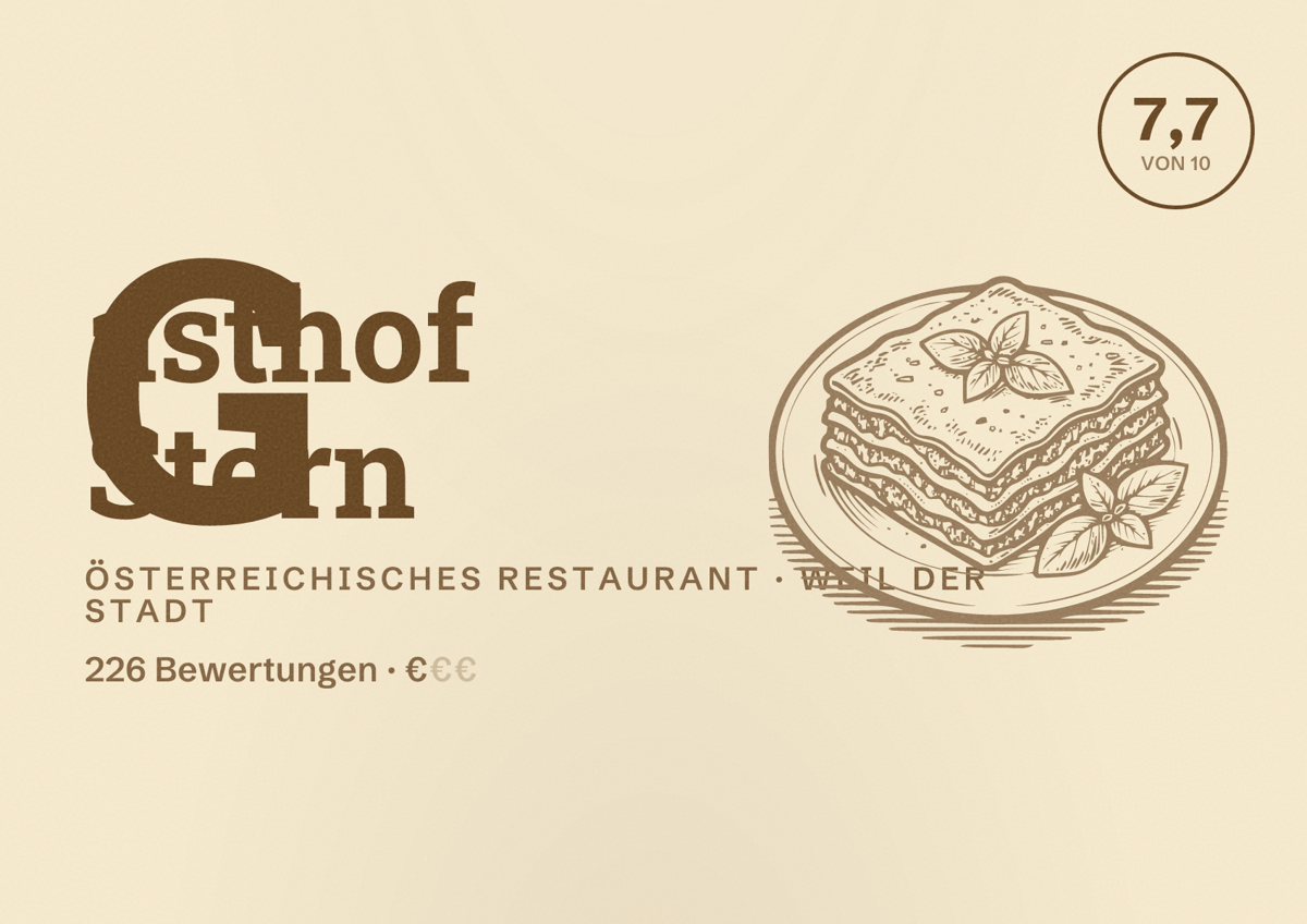 Illustriertes Poster von Gasthof Stern, Österreichisches Restaurant in Weil der Stadt: Bewertung 7,7 von 10 aus 226 Bewertungen, Preisniveau €