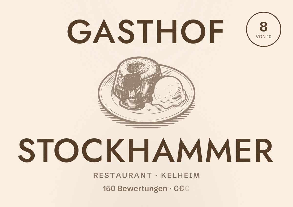 Illustriertes Poster von Gasthof Stockhammer, Restaurant in Kelheim: Bewertung 8 von 10 aus 150 Bewertungen, Preisniveau €€