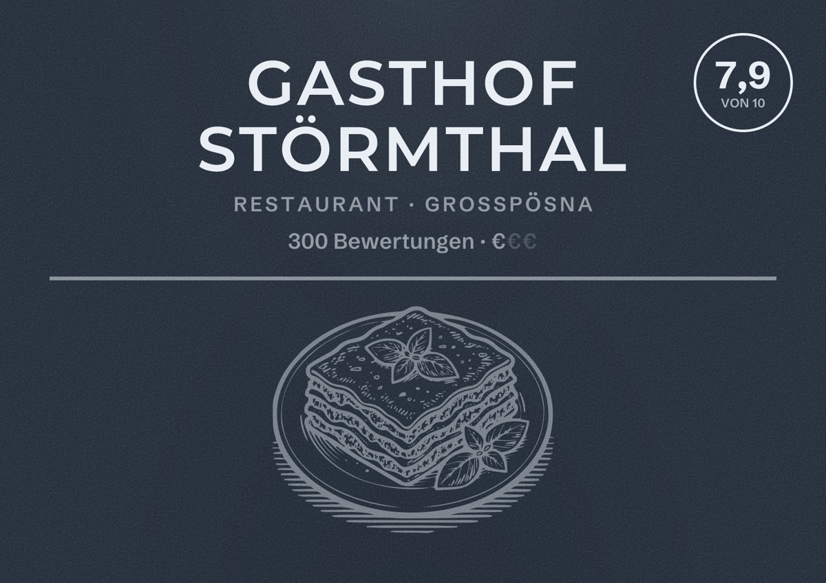 Illustriertes Poster von Gasthof Störmthal, Restaurant in Großpösna: Bewertung 7,9 von 10 aus 300 Bewertungen, Preisniveau €