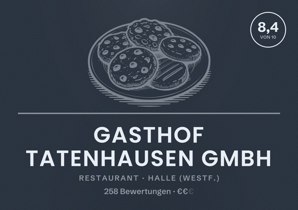 Illustriertes Poster von Gasthof Tatenhausen GmbH, Restaurant in Halle (Westf.): Bewertung 8,4 von 10 aus 258 Bewertungen, Preisniveau €€