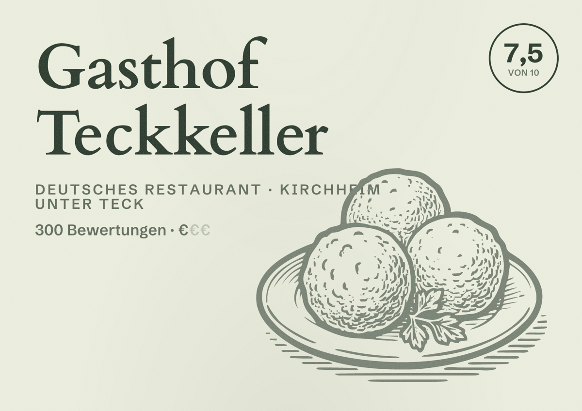 Illustriertes Poster von Gasthof Teckkeller, Deutsches Restaurant in Kirchheim unter Teck: Bewertung 7,5 von 10 aus 300 Bewertungen, Preisniveau €