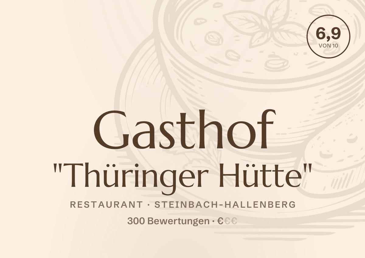 Illustriertes Poster von Gasthof "Thüringer Hütte", Restaurant in Steinbach-Hallenberg: Bewertung 6,9 von 10 aus 300 Bewertungen, Preisniveau €