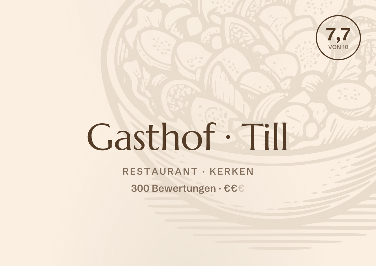 Illustriertes Poster von Gasthof Till, Restaurant in Kerken: Bewertung 7,7 von 10 aus 300 Bewertungen, Preisniveau €€