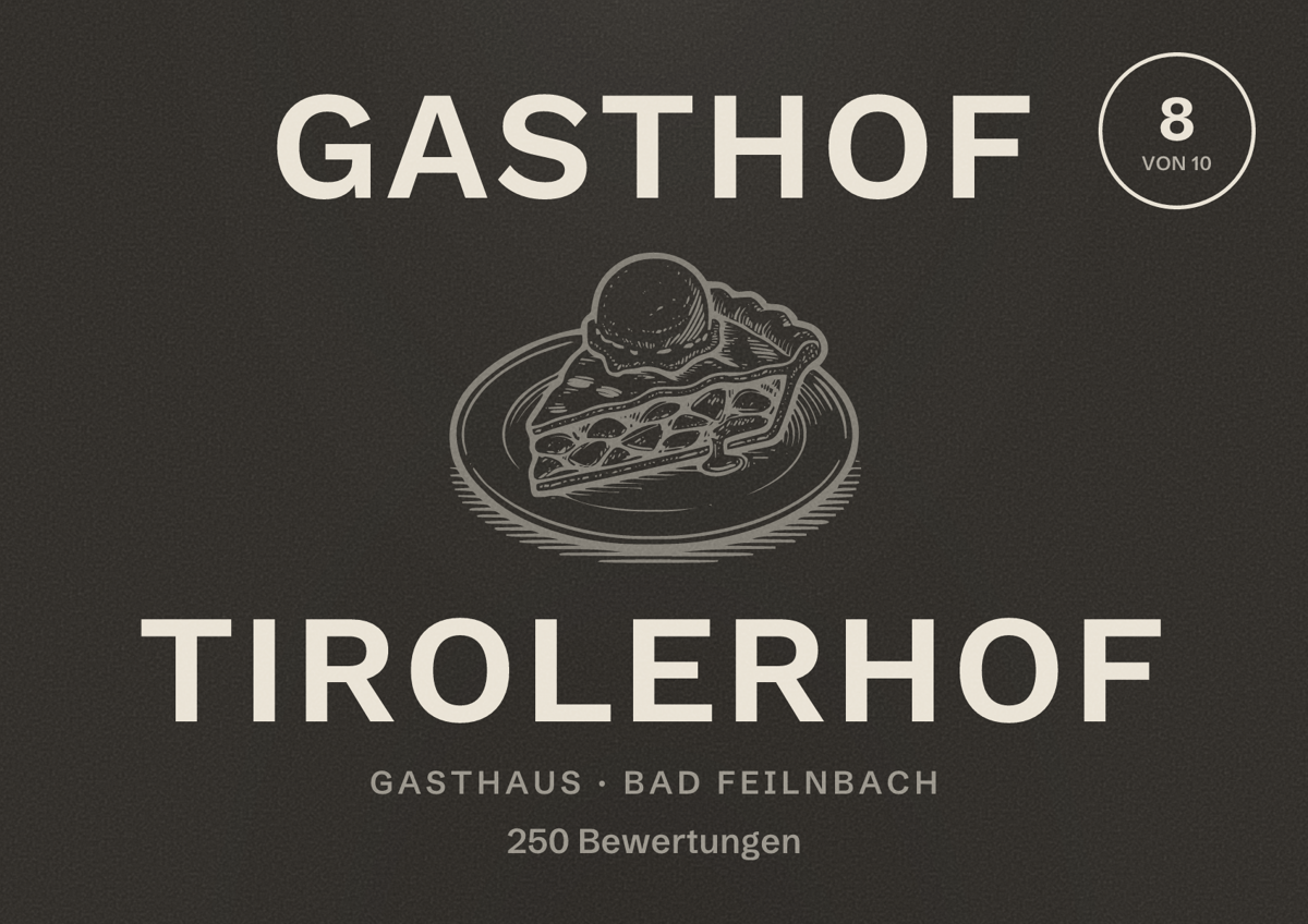 Illustriertes Poster von Gasthof Tirolerhof, Gasthaus in Bad Feilnbach: Bewertung 8 von 10 aus 250 Bewertungen