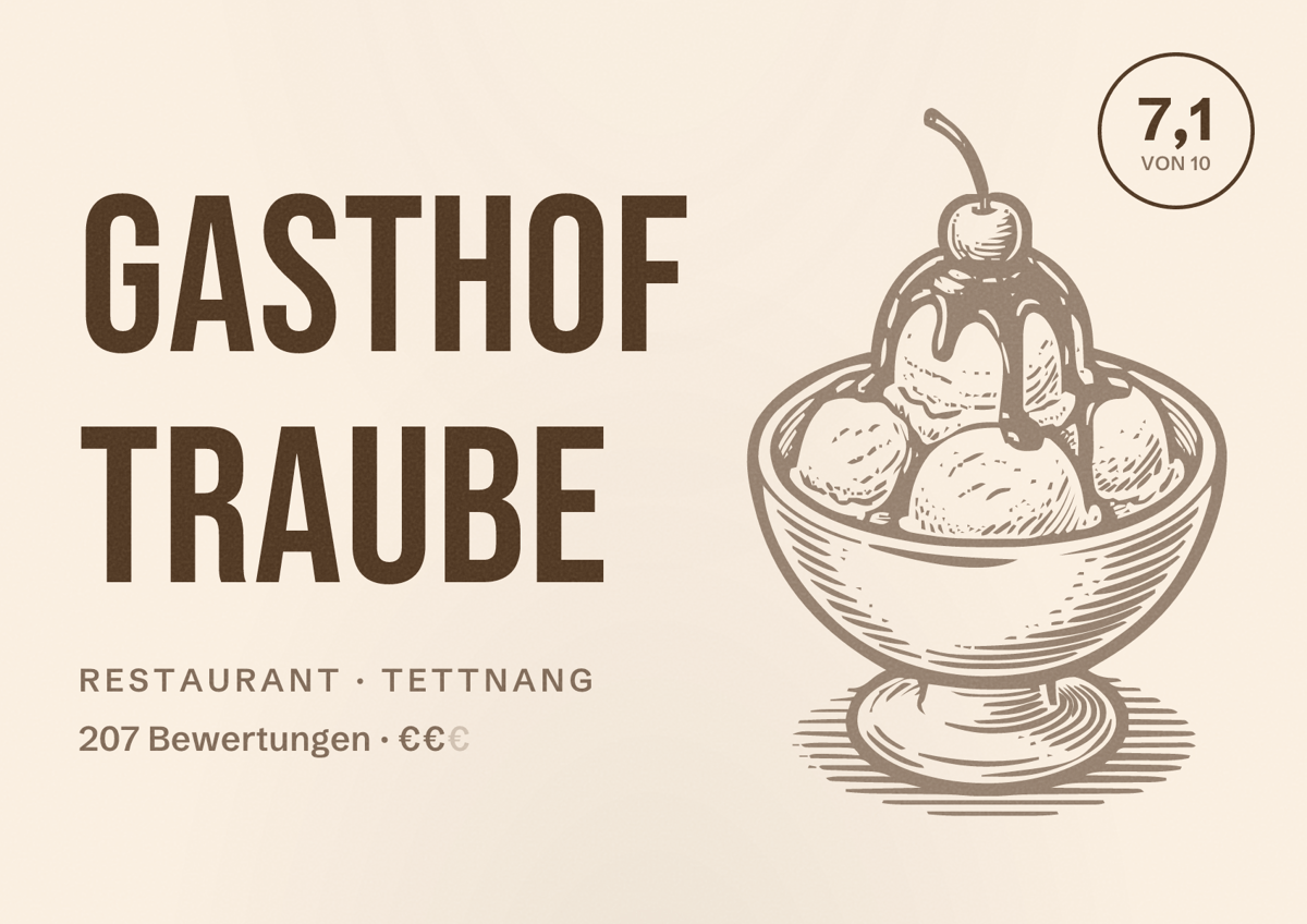 Illustriertes Poster von Gasthof Traube, Restaurant in Tettnang: Bewertung 7,1 von 10 aus 207 Bewertungen, Preisniveau €€