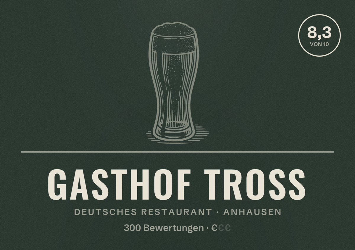 Illustriertes Poster von Gasthof Tross, Deutsches Restaurant in Anhausen: Bewertung 8,3 von 10 aus 300 Bewertungen, Preisniveau €