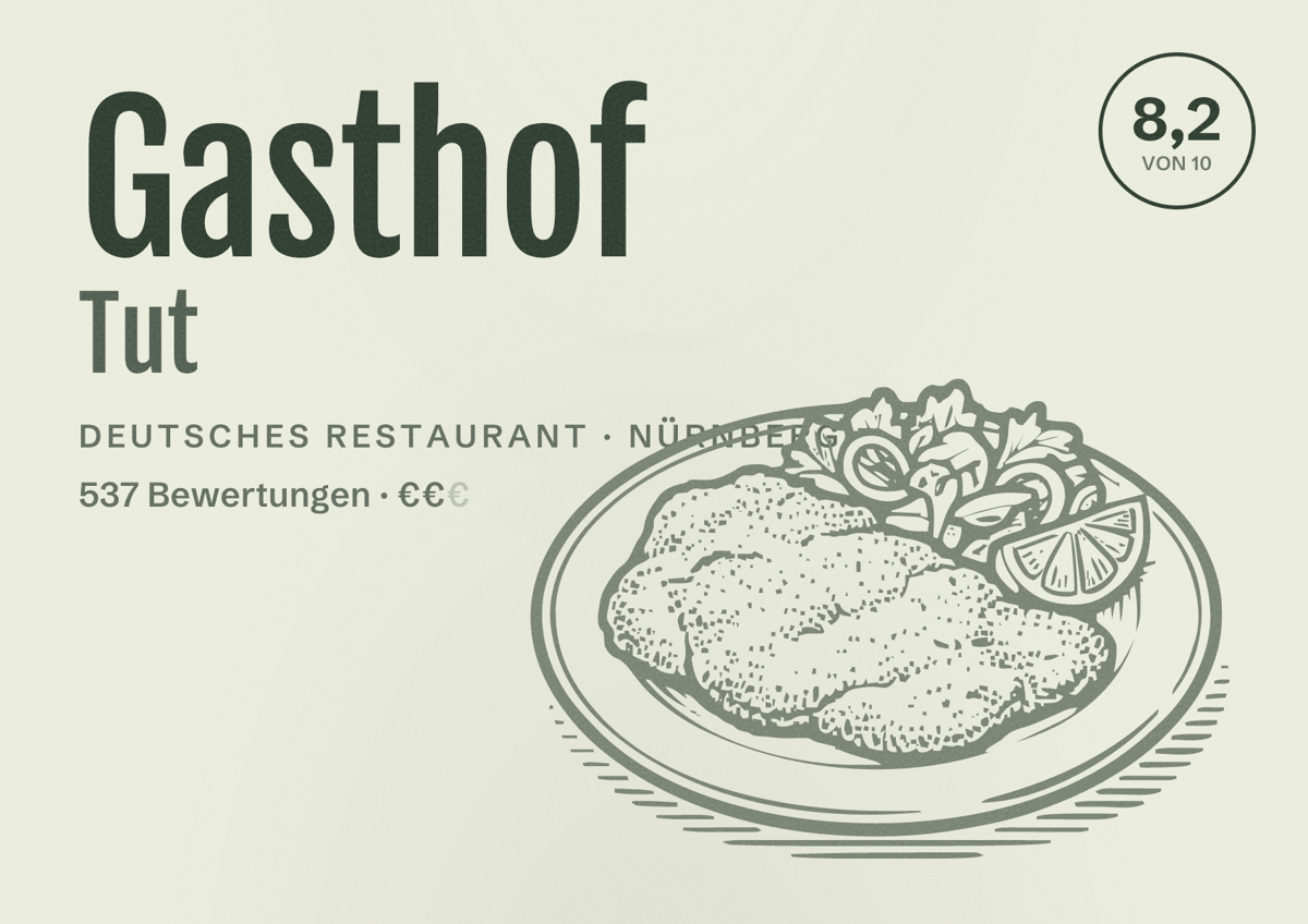 Illustriertes Poster von Gasthof Tut, Deutsches Restaurant in Nürnberg: Bewertung 8,2 von 10 aus 537 Bewertungen, Preisniveau €€