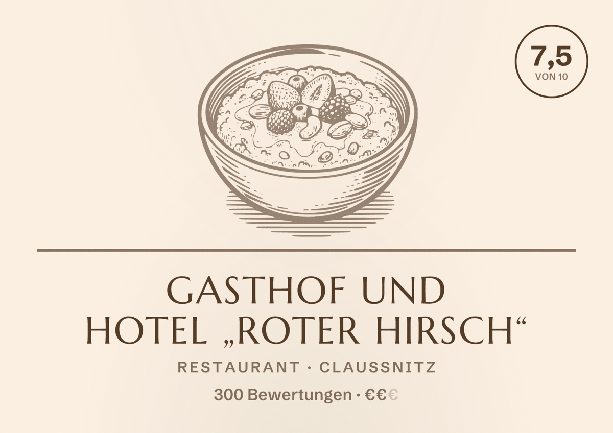 Illustriertes Poster von Gasthof und Hotel „Roter Hirsch“, Restaurant in Claußnitz: Bewertung 7,5 von 10 aus 300 Bewertungen, Preisniveau €€