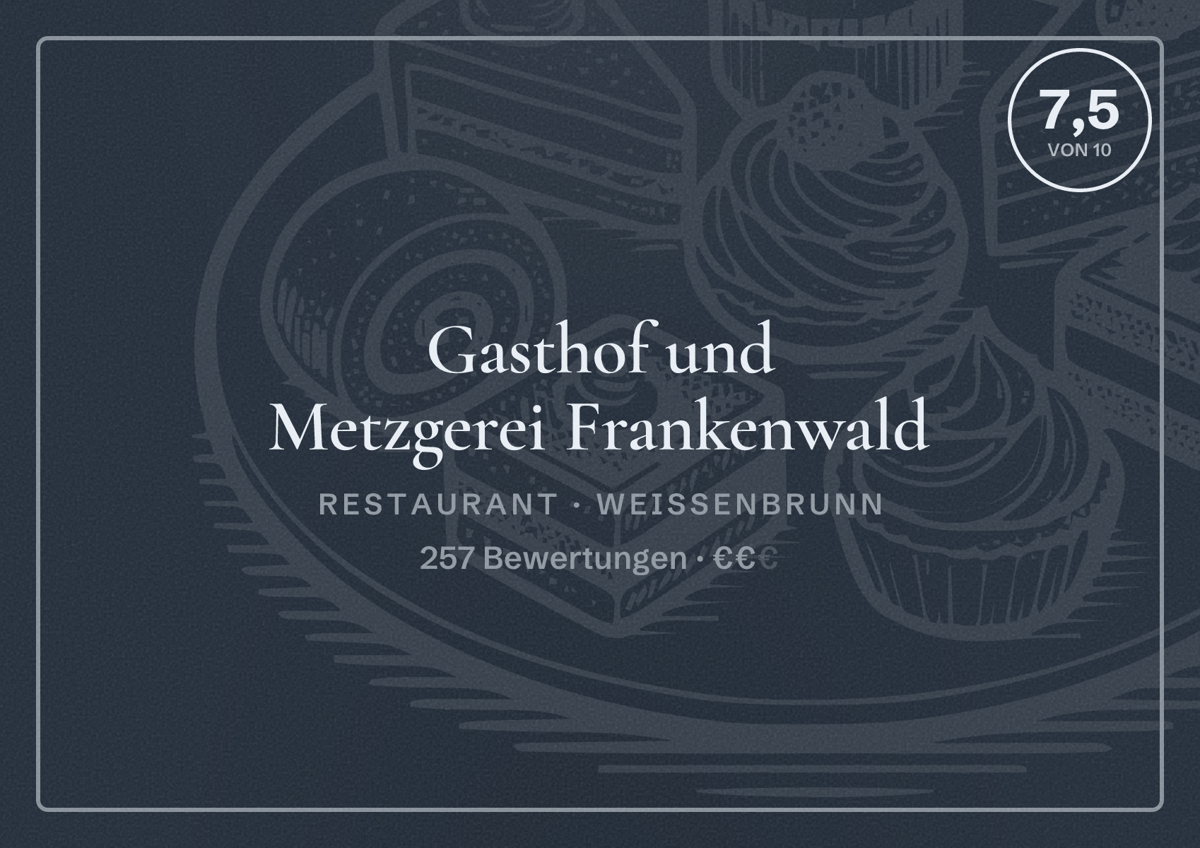 Illustriertes Poster von Gasthof und Metzgerei Frankenwald, Restaurant in Weißenbrunn: Bewertung 7,5 von 10 aus 257 Bewertungen, Preisniveau €€