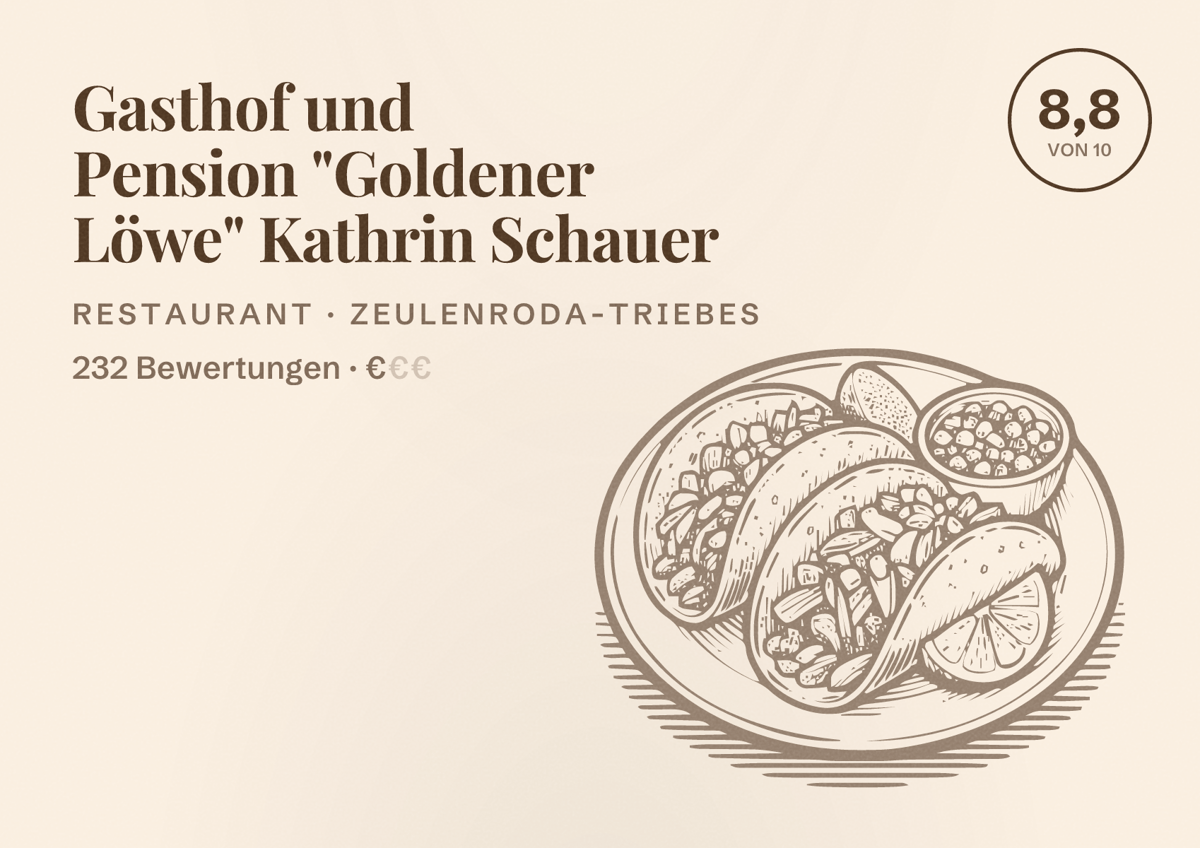 Illustriertes Poster von Gasthof und Pension "Goldener Löwe" Kathrin Schauer, Restaurant in Zeulenroda-Triebes: Bewertung 8,8 von 10 aus 232 Bewertungen, Preisniveau €