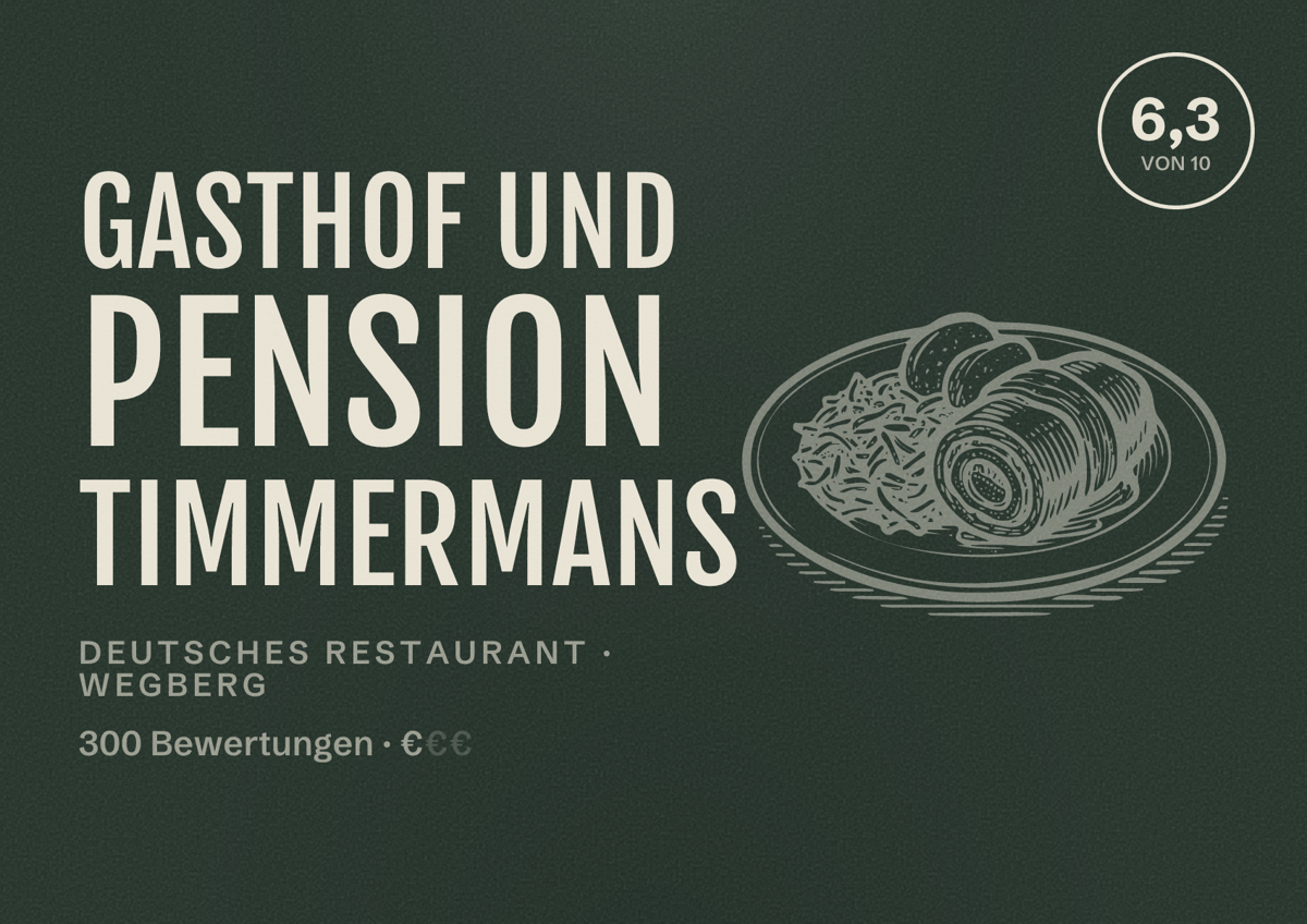 Illustriertes Poster von Gasthof und Pension Timmermans, Deutsches Restaurant in Wegberg: Bewertung 6,3 von 10 aus 300 Bewertungen, Preisniveau €