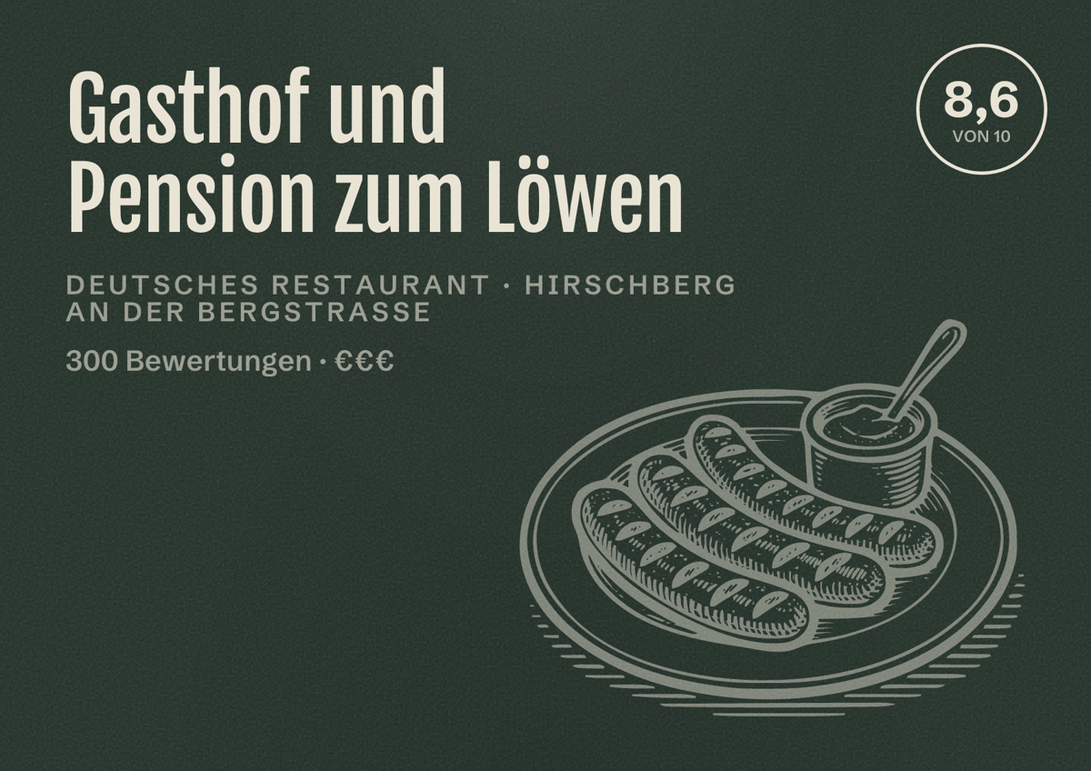 Illustriertes Poster von Gasthof und Pension zum Löwen, Deutsches Restaurant in Hirschberg an der Bergstraße: Bewertung 8,6 von 10 aus 300 Bewertungen, Preisniveau €€€