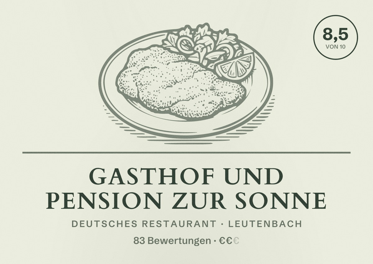 Illustriertes Poster von Gasthof und Pension Zur Sonne, Deutsches Restaurant in Leutenbach: Bewertung 8,5 von 10 aus 83 Bewertungen, Preisniveau €€