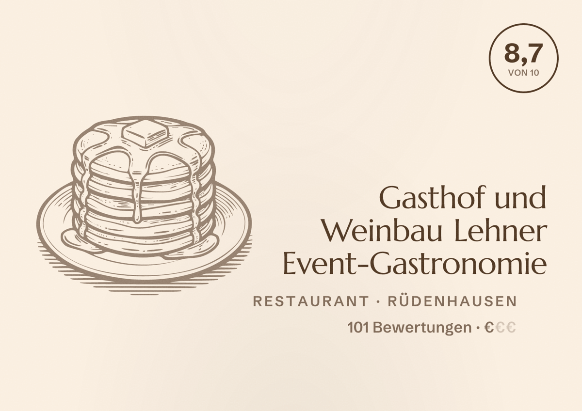 Illustriertes Poster von Gasthof und Weinbau Lehner Event-Gastronomie, Restaurant in Rüdenhausen: Bewertung 8,7 von 10 aus 101 Bewertungen, Preisniveau €