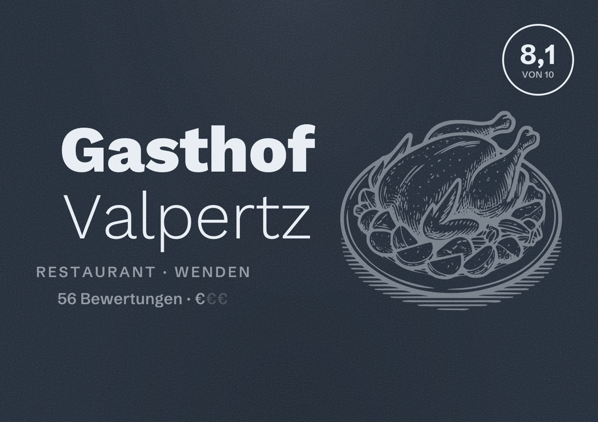 Illustriertes Poster von Gasthof Valpertz, Restaurant in Wenden: Bewertung 8,1 von 10 aus 56 Bewertungen, Preisniveau €