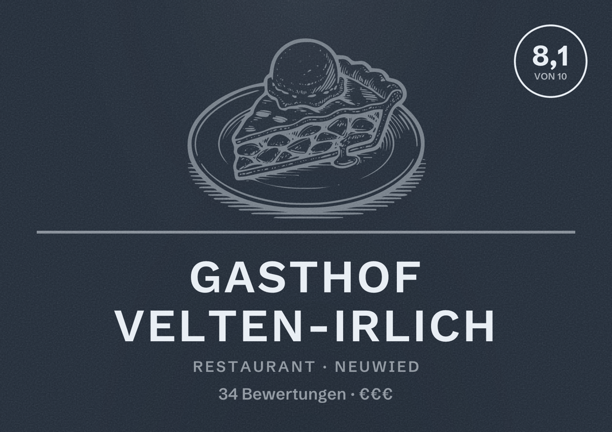 Illustriertes Poster von Gasthof Velten-Irlich, Restaurant in Neuwied: Bewertung 8,1 von 10 aus 34 Bewertungen, Preisniveau €€€