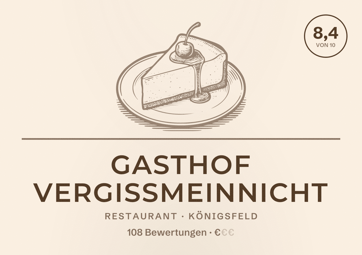 Illustriertes Poster von Gasthof Vergißmeinnicht, Restaurant in Königsfeld: Bewertung 8,4 von 10 aus 108 Bewertungen, Preisniveau €