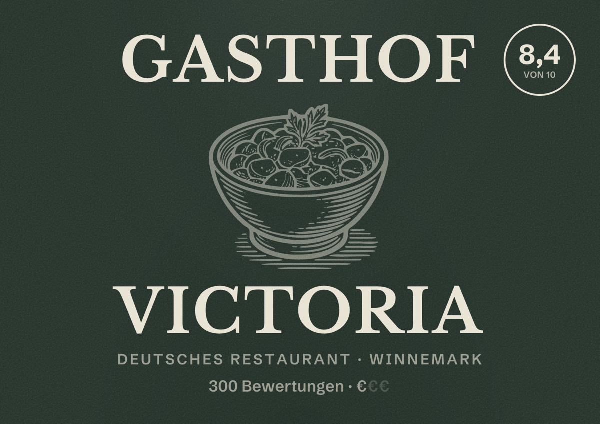 Illustriertes Poster von Gasthof Victoria, Deutsches Restaurant in Winnemark: Bewertung 8,4 von 10 aus 300 Bewertungen, Preisniveau €