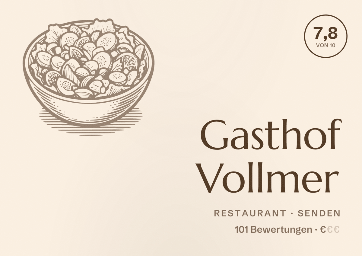 Illustriertes Poster von Gasthof Vollmer, Restaurant in Senden: Bewertung 7,8 von 10 aus 101 Bewertungen, Preisniveau €
