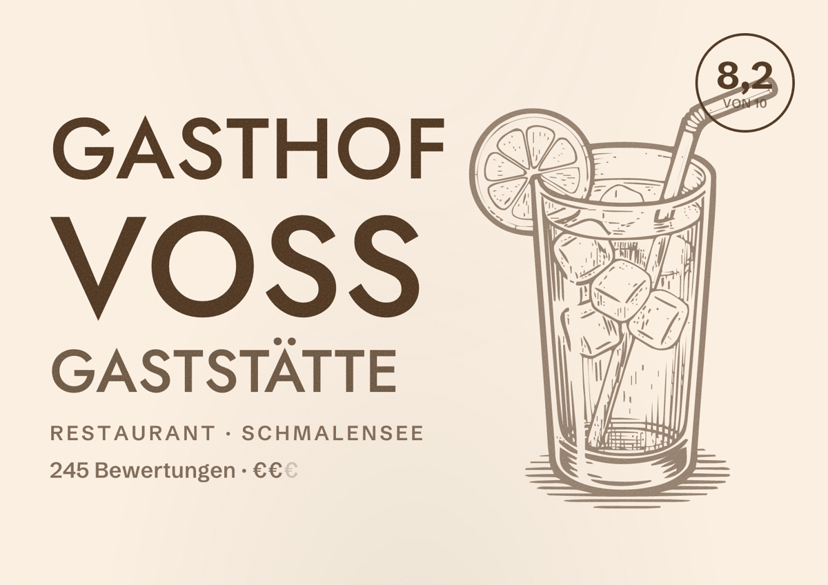 Illustriertes Poster von Gasthof Voß Gaststätte, Restaurant in Schmalensee: Bewertung 8,2 von 10 aus 245 Bewertungen, Preisniveau €€