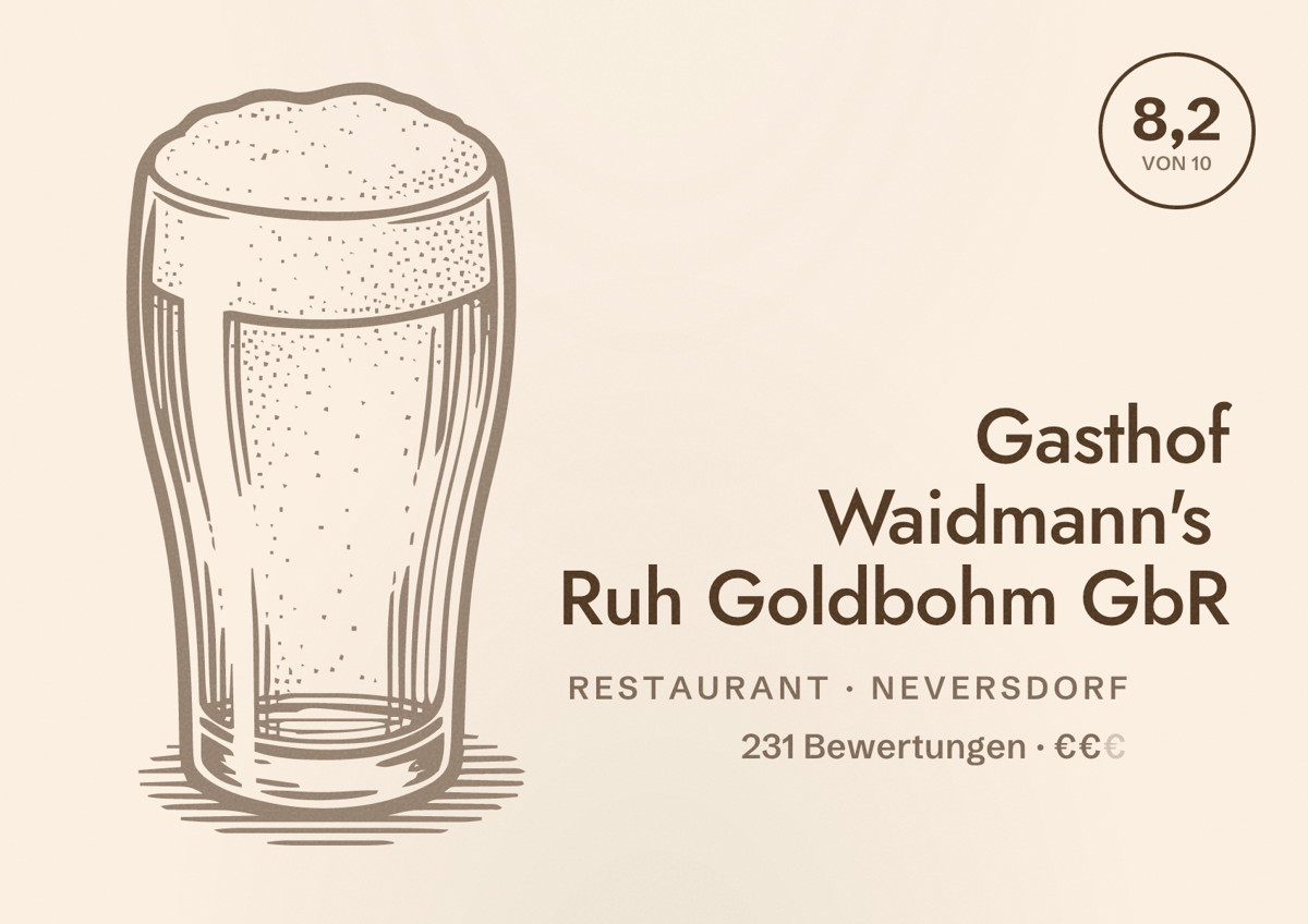Illustriertes Poster von Gasthof Waidmann's Ruh Goldbohm GbR, Restaurant in Neversdorf: Bewertung 8,2 von 10 aus 231 Bewertungen, Preisniveau €€
