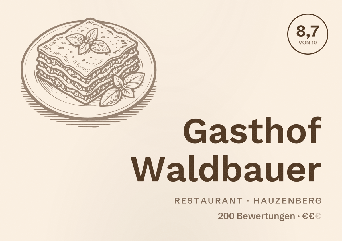 Illustriertes Poster von Gasthof Waldbauer, Restaurant in Hauzenberg: Bewertung 8,7 von 10 aus 200 Bewertungen, Preisniveau €€