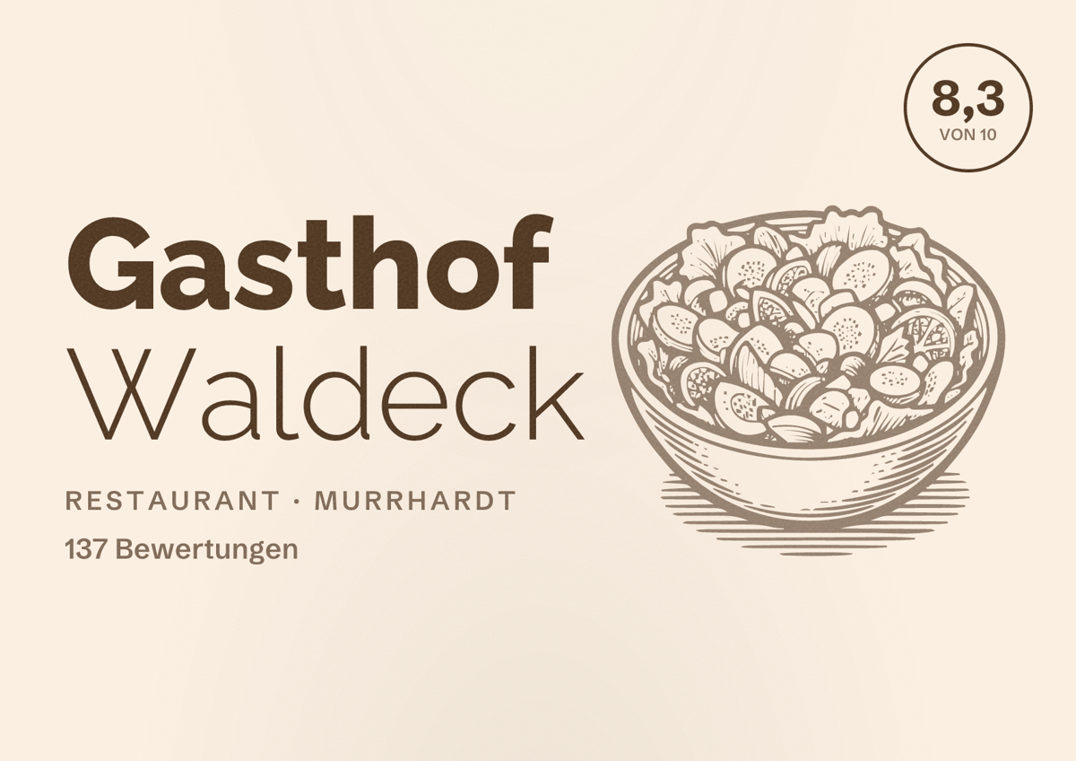 Illustriertes Poster von Gasthof Waldeck, Restaurant in Murrhardt: Bewertung 8,3 von 10 aus 137 Bewertungen