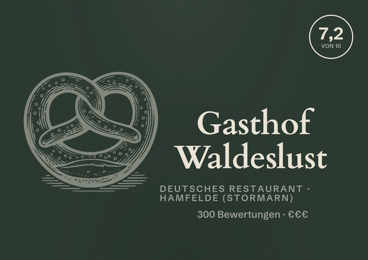 Illustriertes Poster von Gasthof Waldeslust, Deutsches Restaurant in Hamfelde (Stormarn): Bewertung 7,2 von 10 aus 300 Bewertungen, Preisniveau €€€