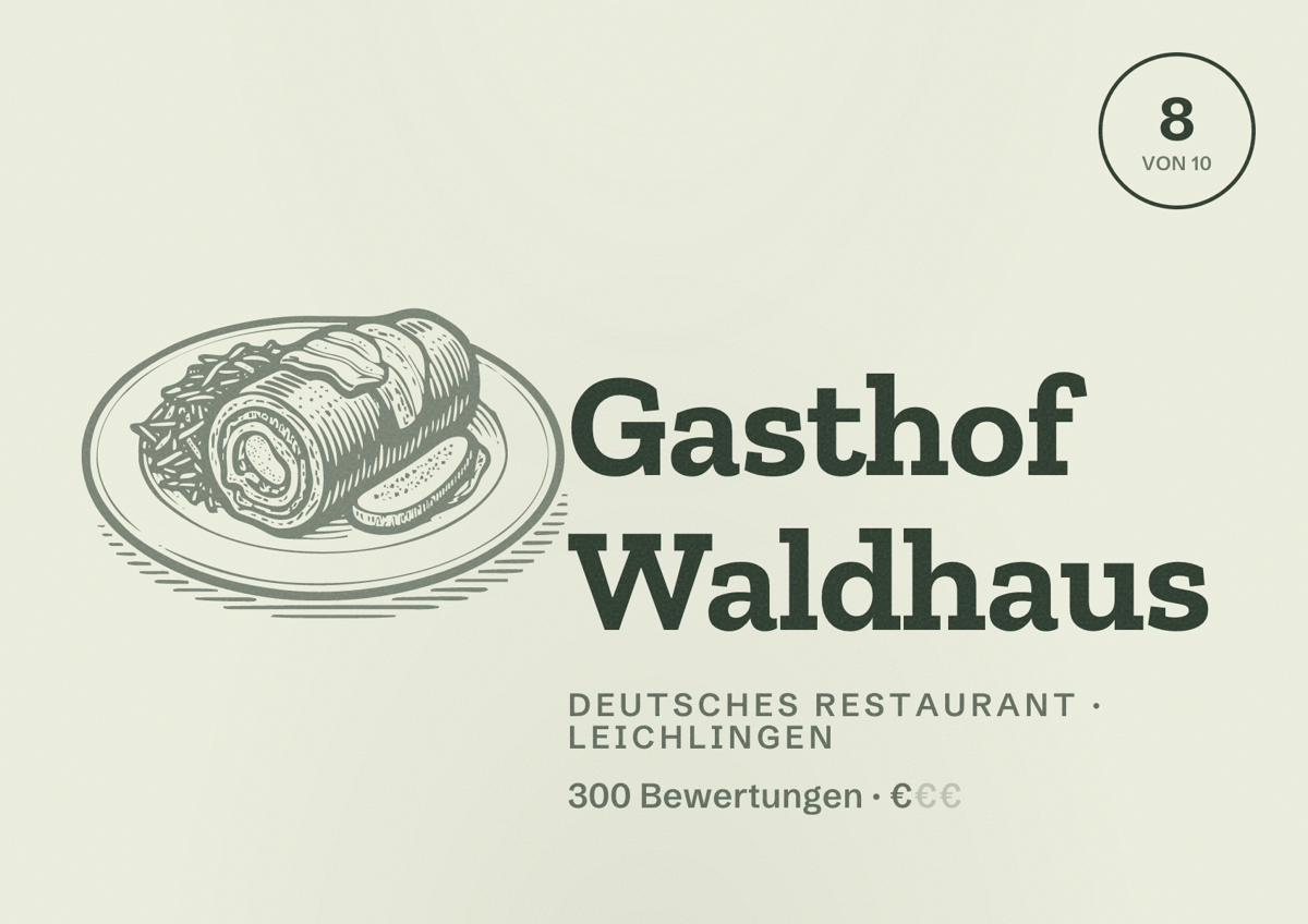 Illustriertes Poster von Gasthof Waldhaus, Deutsches Restaurant in Leichlingen: Bewertung 8 von 10 aus 300 Bewertungen, Preisniveau €