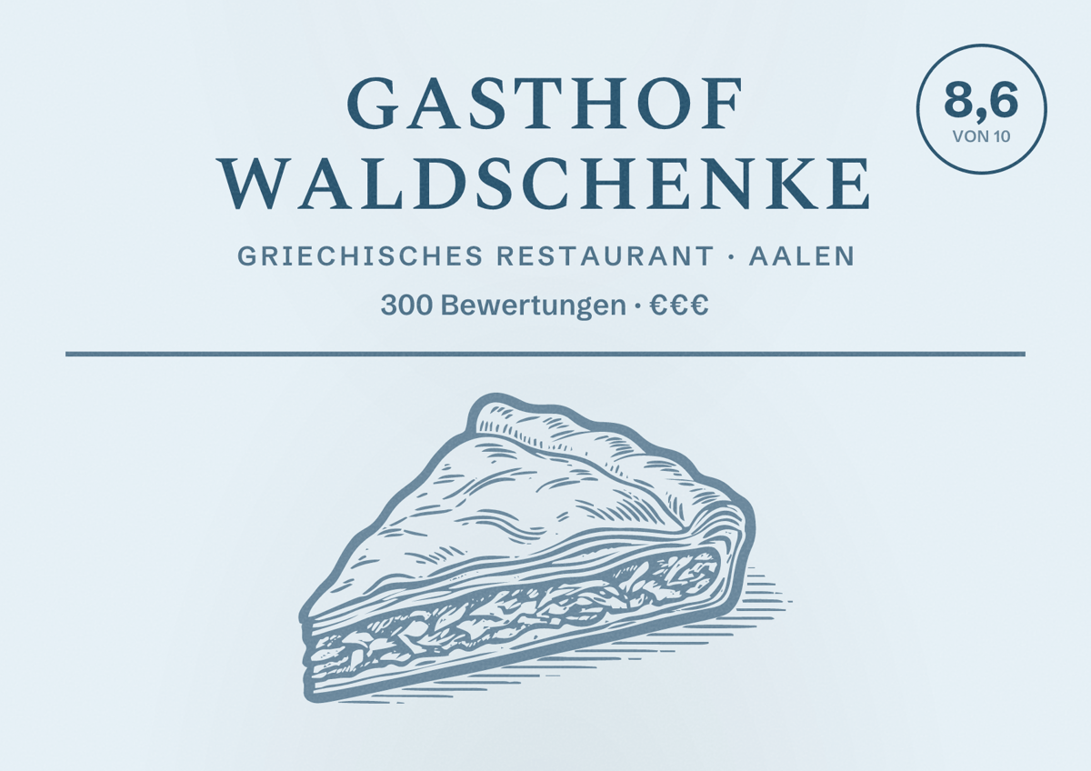 Illustriertes Poster von Gasthof Waldschenke, Griechisches Restaurant in Aalen: Bewertung 8,6 von 10 aus 300 Bewertungen, Preisniveau €€€