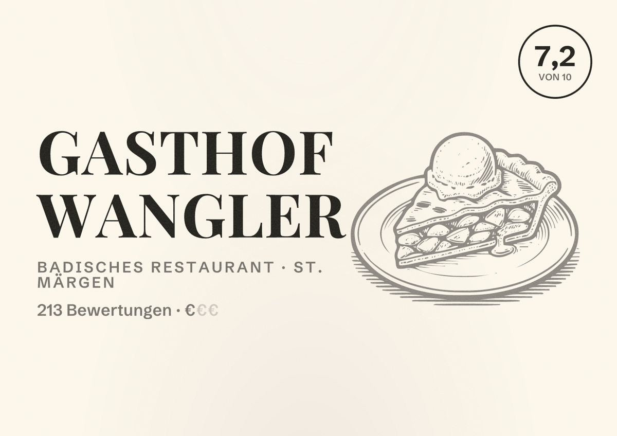 Illustriertes Poster von Gasthof Wangler, Badisches Restaurant in St. Märgen: Bewertung 7,2 von 10 aus 213 Bewertungen, Preisniveau €