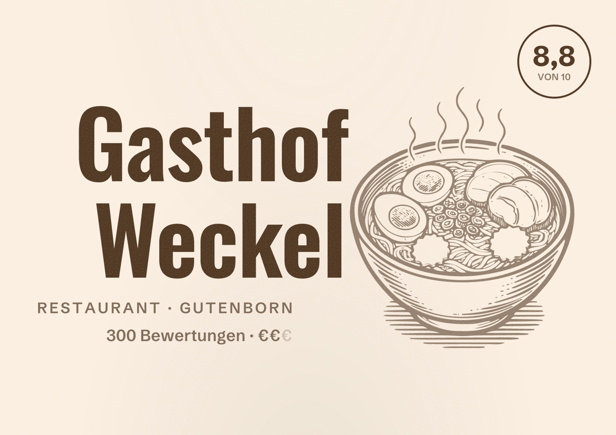 Illustriertes Poster von Gasthof Weckel, Restaurant in Gutenborn: Bewertung 8,8 von 10 aus 300 Bewertungen, Preisniveau €€