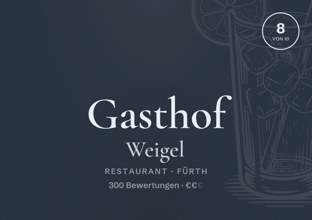 Illustriertes Poster von Gasthof Weigel, Restaurant in Fürth: Bewertung 8 von 10 aus 300 Bewertungen, Preisniveau €€