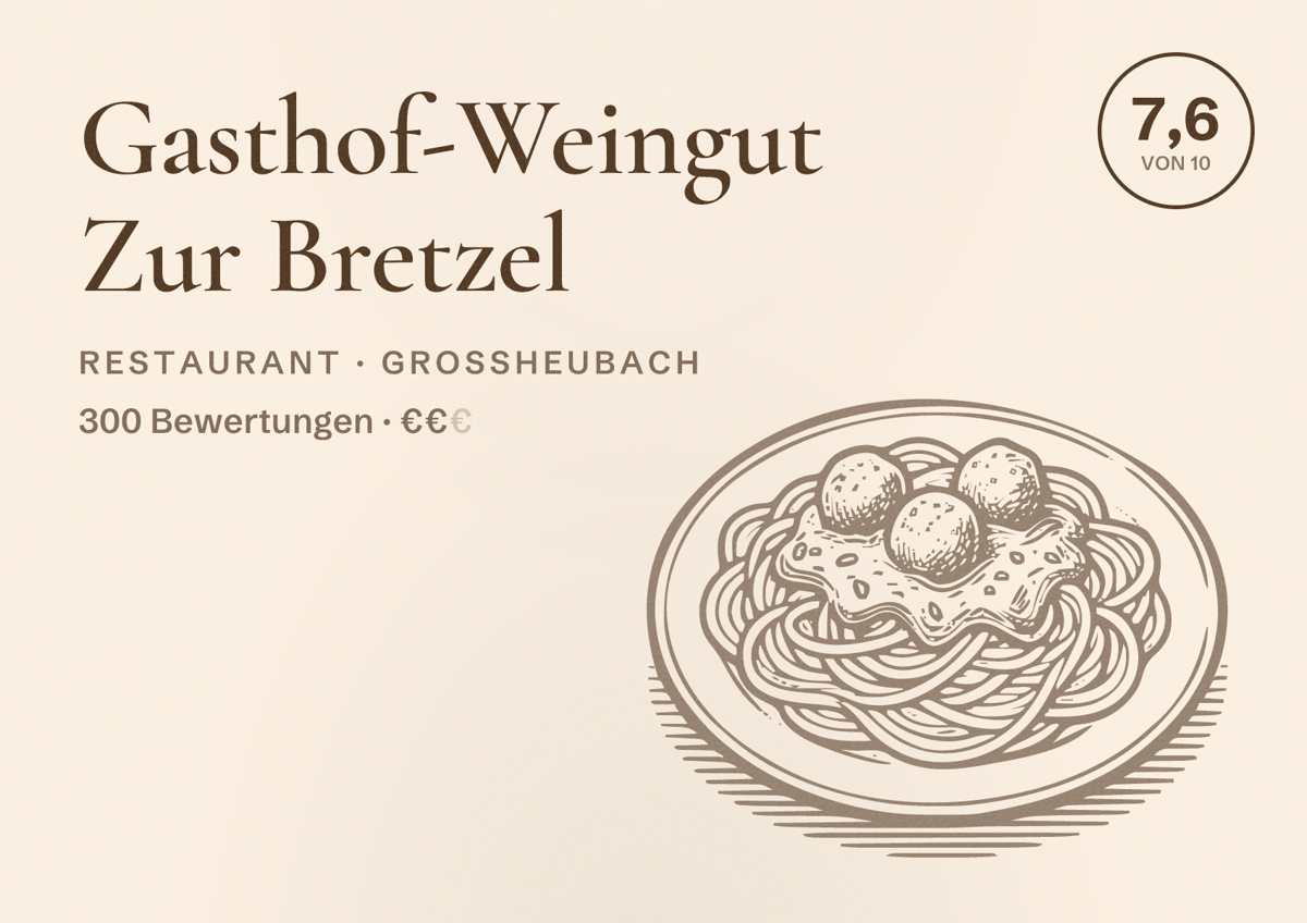 Illustriertes Poster von Gasthof-Weingut Zur Bretzel, Restaurant in Großheubach: Bewertung 7,6 von 10 aus 300 Bewertungen, Preisniveau €€