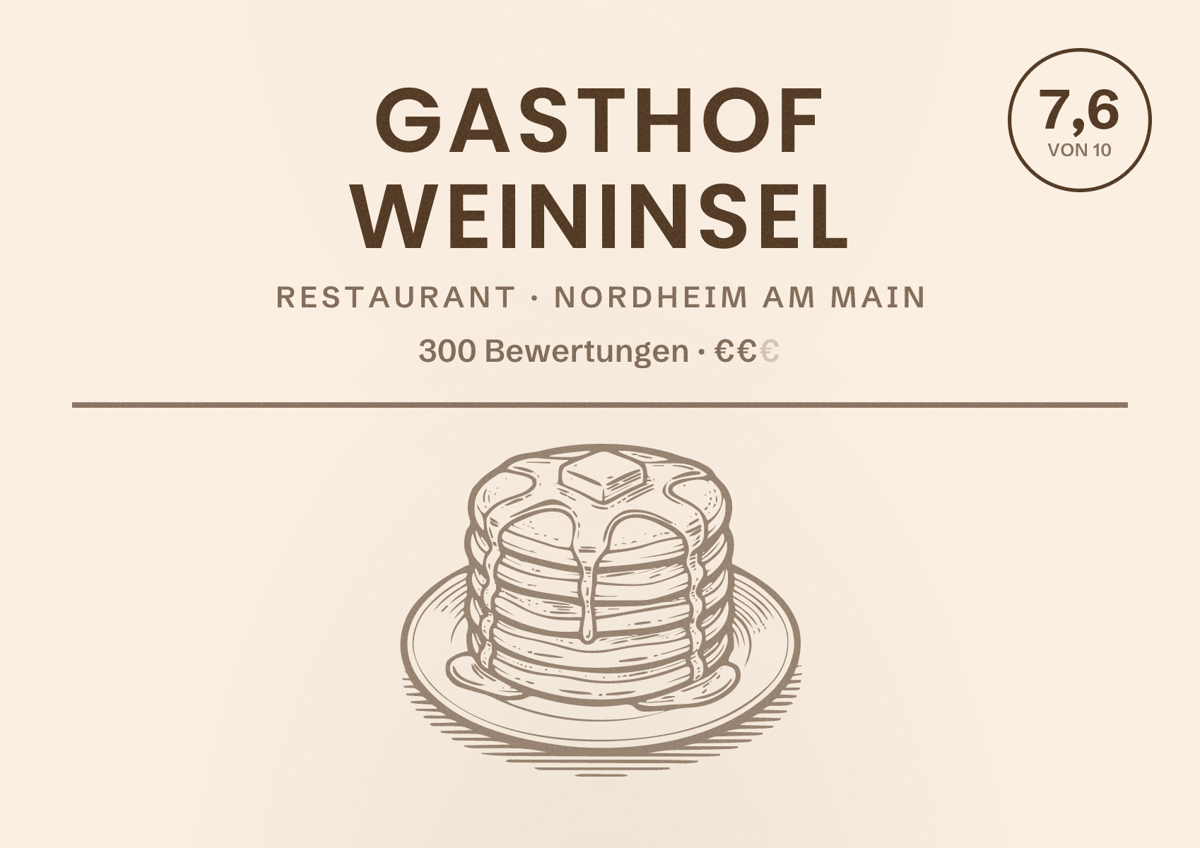 Illustriertes Poster von Gasthof Weininsel, Restaurant in Nordheim am Main: Bewertung 7,6 von 10 aus 300 Bewertungen, Preisniveau €€