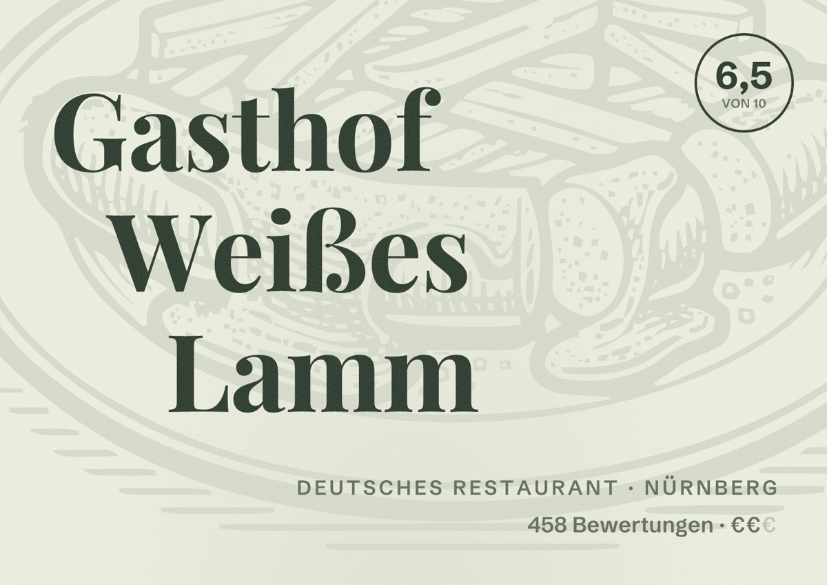 Illustriertes Poster von Gasthof Weißes Lamm, Deutsches Restaurant in Nürnberg: Bewertung 6,5 von 10 aus 458 Bewertungen, Preisniveau €€