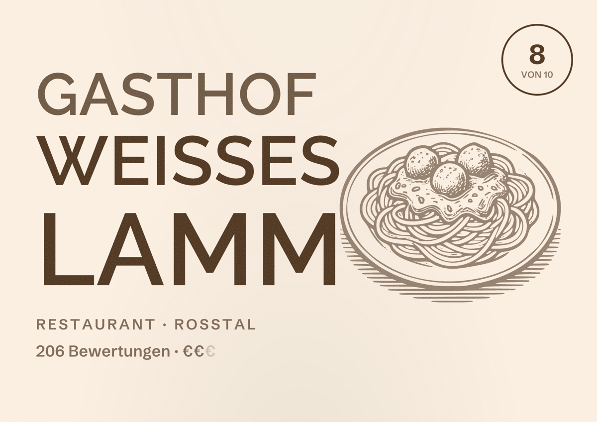 Illustriertes Poster von Gasthof Weißes Lamm, Restaurant in Roßtal: Bewertung 8 von 10 aus 206 Bewertungen, Preisniveau €€
