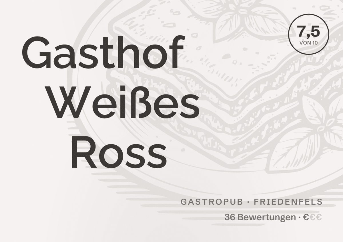 Illustriertes Poster von Gasthof Weißes Ross, Gastropub in Friedenfels: Bewertung 7,5 von 10 aus 36 Bewertungen, Preisniveau €