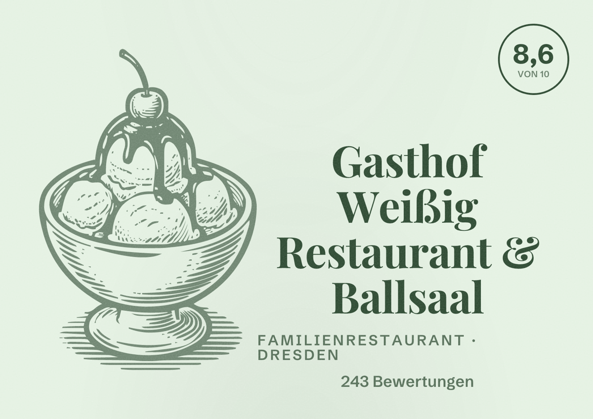 Illustriertes Poster von Gasthof Weißig Restaurant & Ballsaal, Familienrestaurant in Dresden: Bewertung 8,6 von 10 aus 243 Bewertungen