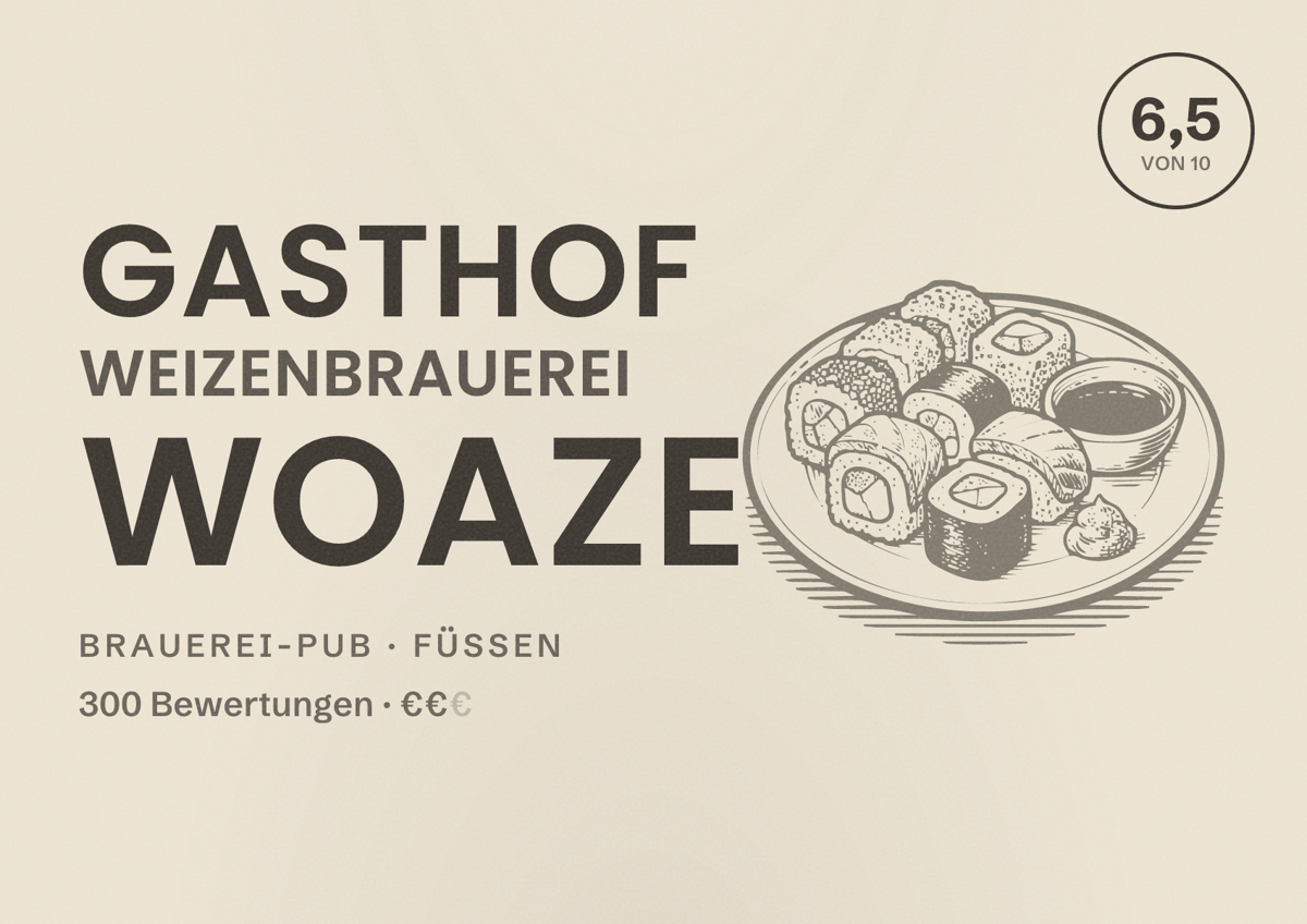 Illustriertes Poster von Gasthof Weizenbrauerei Woaze, Brauerei-Pub in Füssen: Bewertung 6,5 von 10 aus 300 Bewertungen, Preisniveau €€