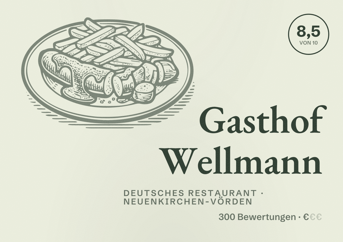 Illustriertes Poster von Gasthof Wellmann, Deutsches Restaurant in Neuenkirchen-Vörden: Bewertung 8,5 von 10 aus 300 Bewertungen, Preisniveau €