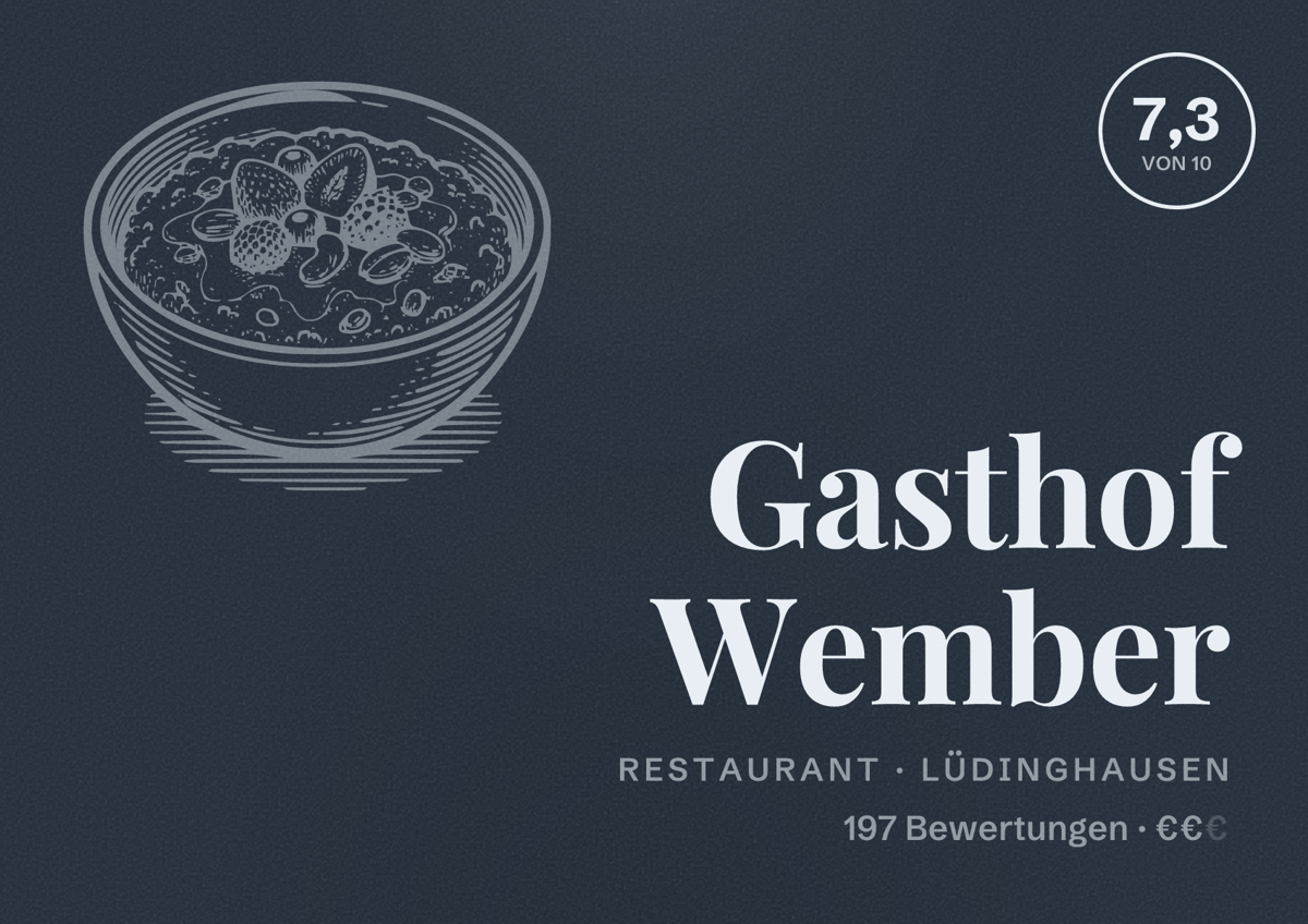 Illustriertes Poster von Gasthof Wember, Restaurant in Lüdinghausen: Bewertung 7,3 von 10 aus 197 Bewertungen, Preisniveau €€