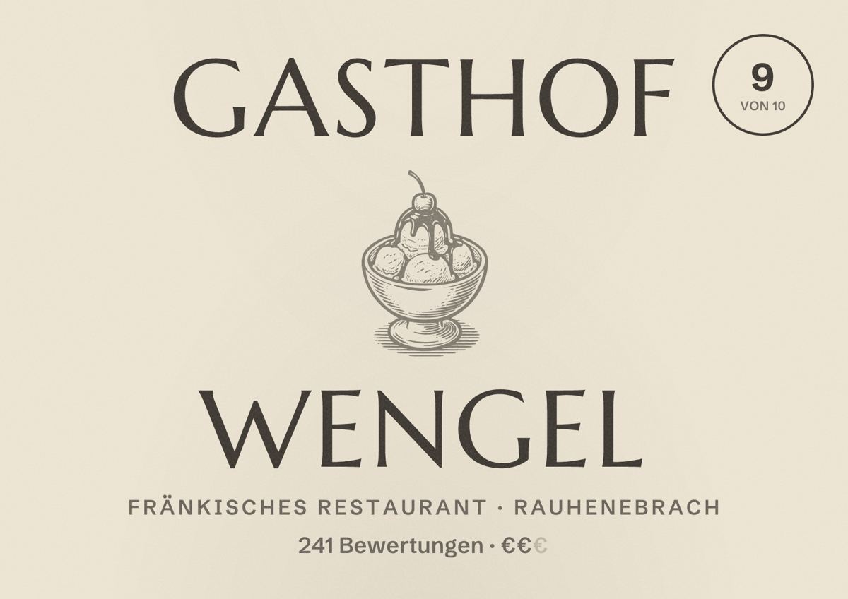Illustriertes Poster von Gasthof Wengel, Fränkisches Restaurant in Rauhenebrach: Bewertung 9 von 10 aus 241 Bewertungen, Preisniveau €€