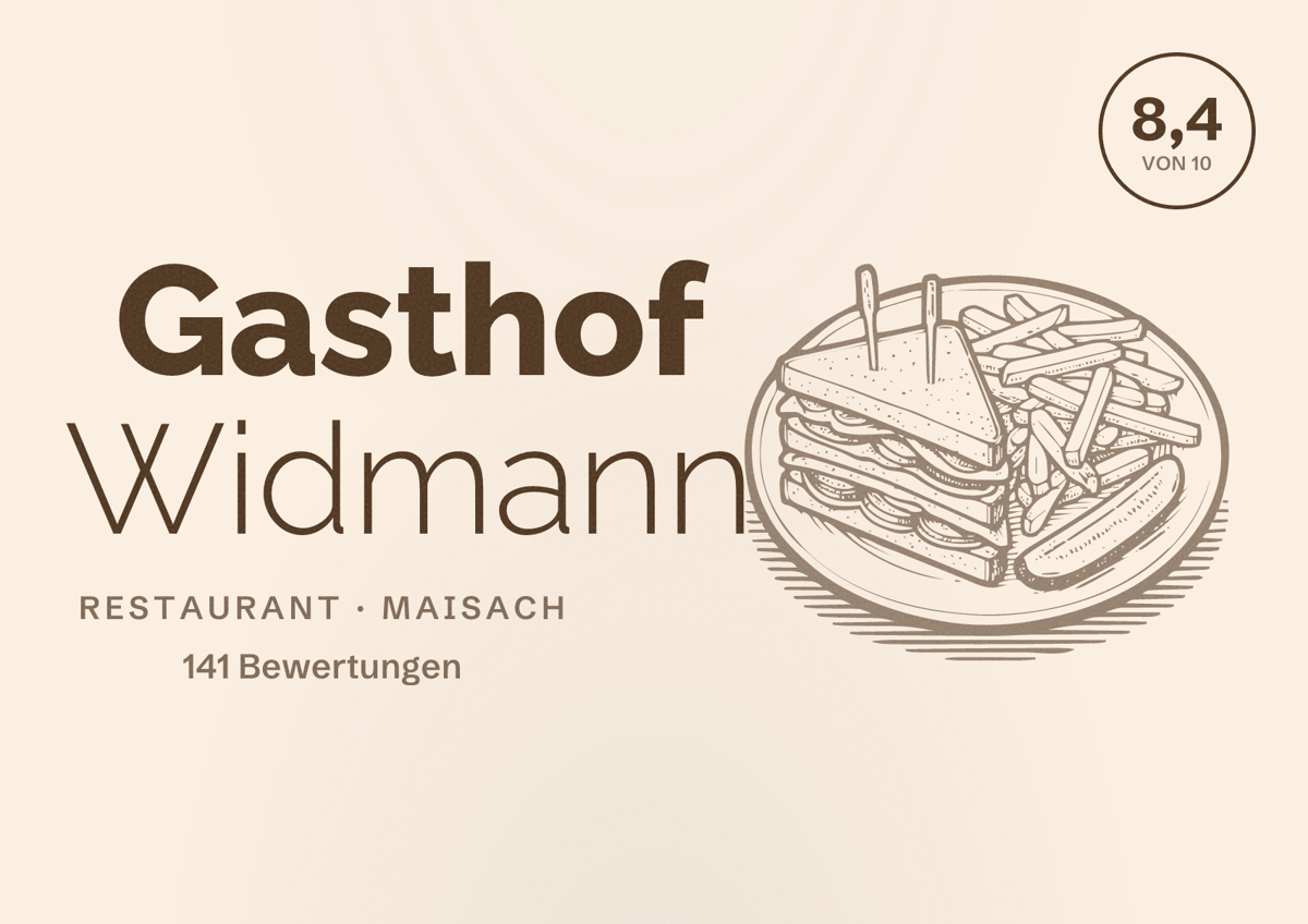 Illustriertes Poster von Gasthof Widmann, Restaurant in Maisach: Bewertung 8,4 von 10 aus 141 Bewertungen
